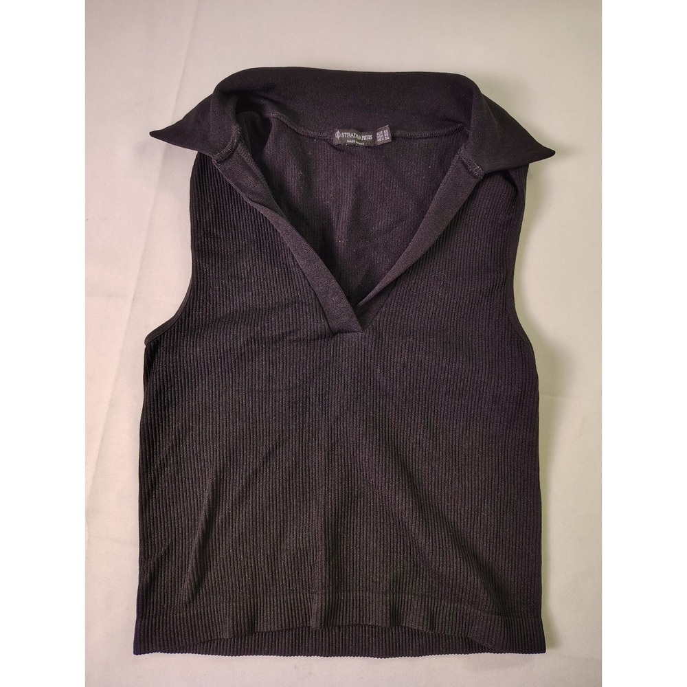 Stradivarius Womens Ribbed Sleeveless Polo Top V Neck Knit Black Cami Crop XS